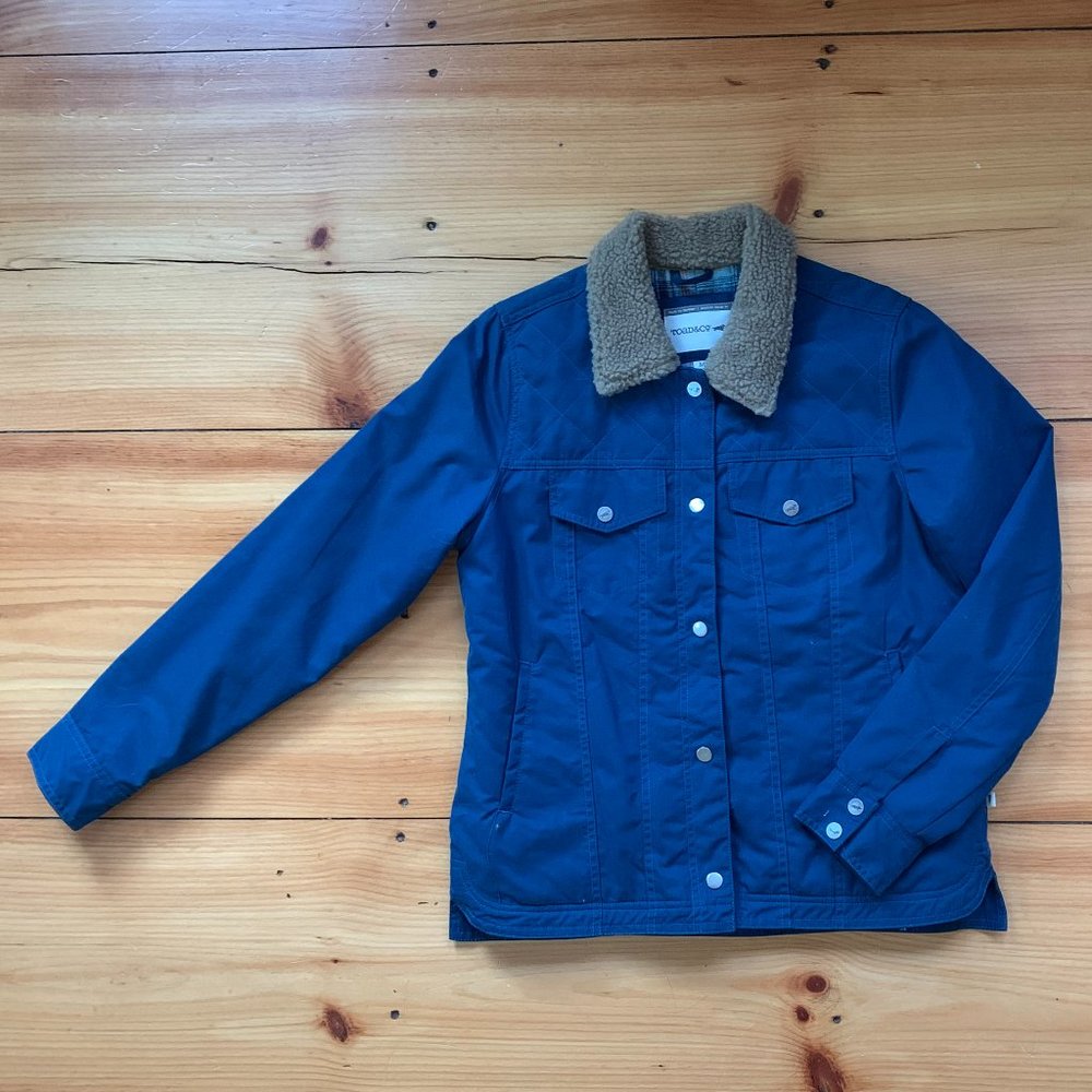 Toad&Co Blue Bomber Jacket with Tan Sherpa Collar